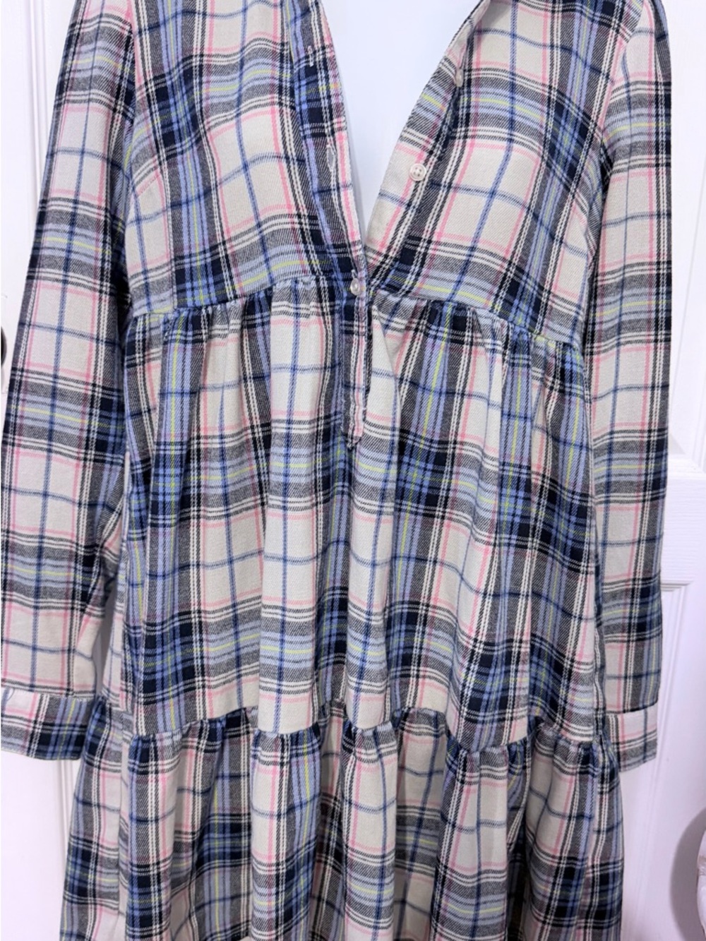 Plaid Tiered Long-Sleeve Dress - Cream/Blue/Pink